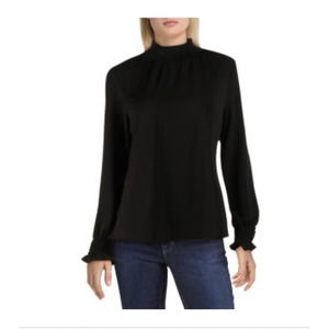 Adriana Papell Black Smocking Neck Key Hole Blouse Size L Large New